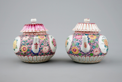 A pair of Chinese famille rose teapots on stand, Yongzheng/Qianlong, 18th C.